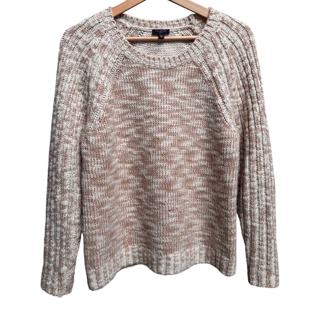 Talbots Petite Crewneck Sweater L Textured Knit Beige Tan Neutral Geometric